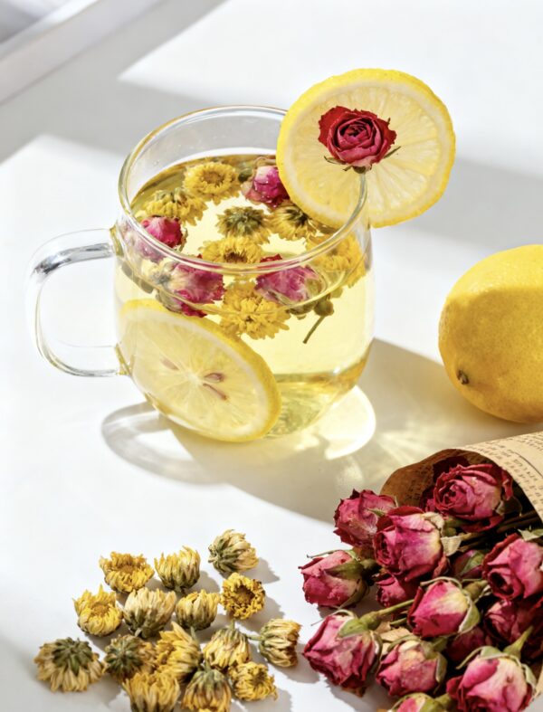 Qi-tonifying health-preserving tea for brightening complexion / Lemon + Rose + Chrysanthemum